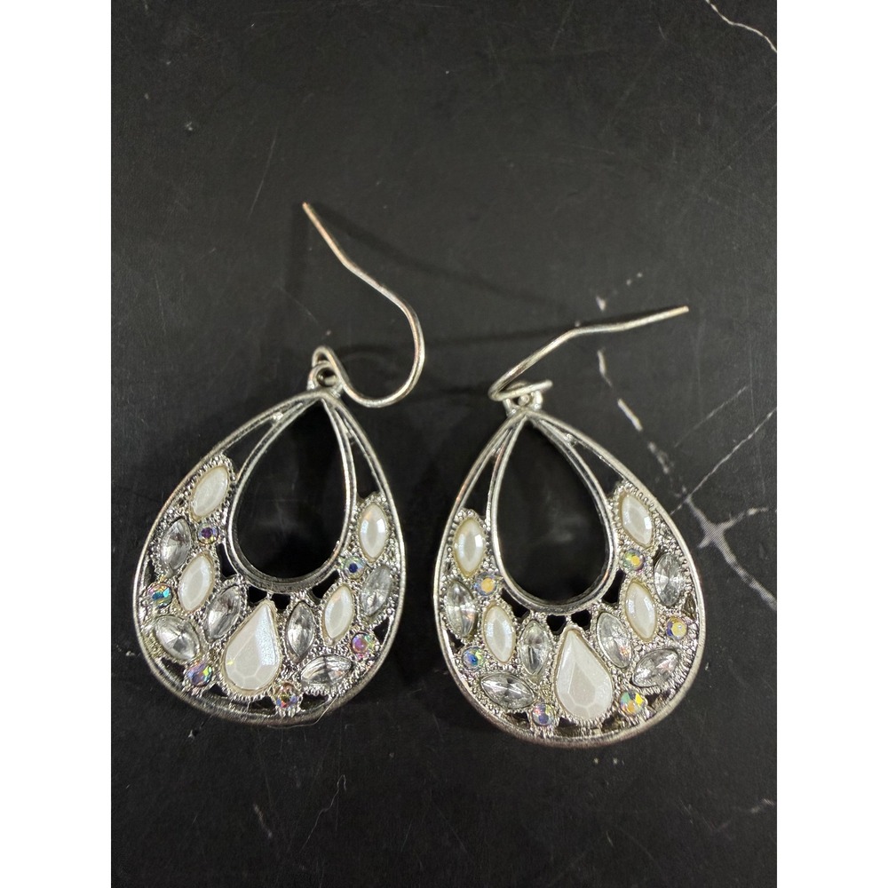 Silver Tone Tear Drop Rhinestone Earrings White and Iridescent Stones 1in Long